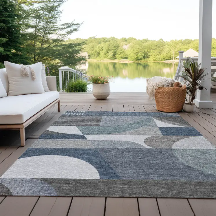 5' X 8' Gray Blue And Ivory Geometric Washable Indoor Outdoor Area Rug