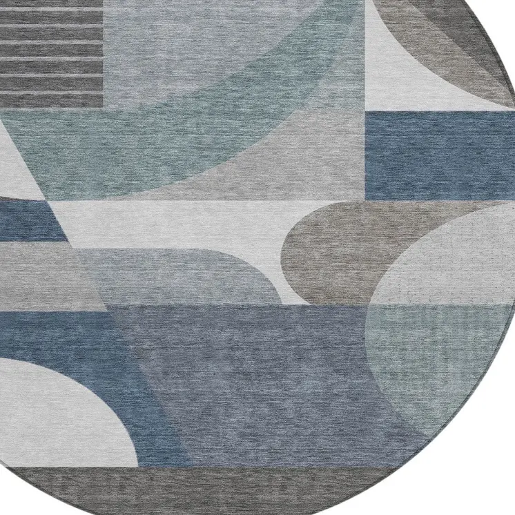 8' Gray Blue And Ivory Round Geometric Washable Indoor Outdoor Area Rug