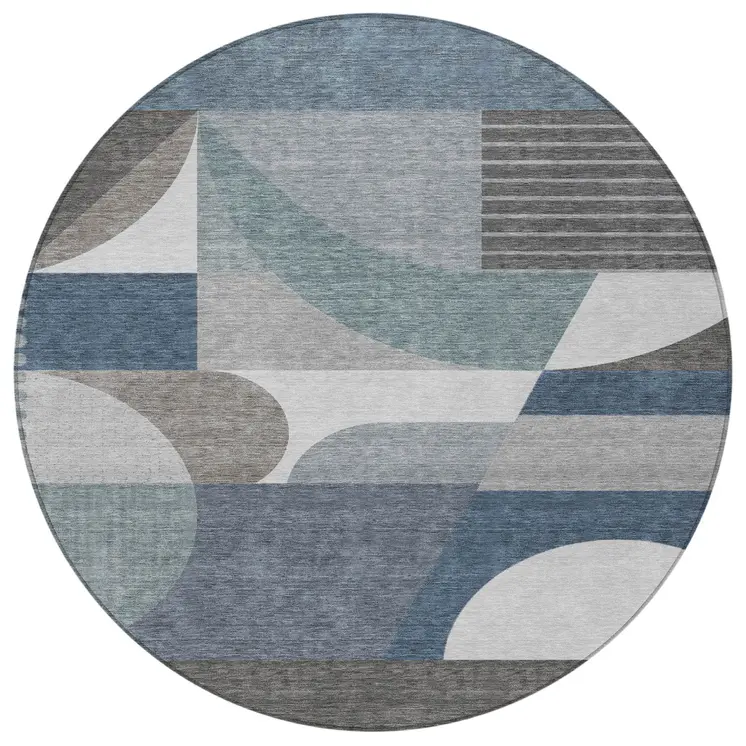 8' Gray Blue And Ivory Round Geometric Washable Indoor Outdoor Area Rug