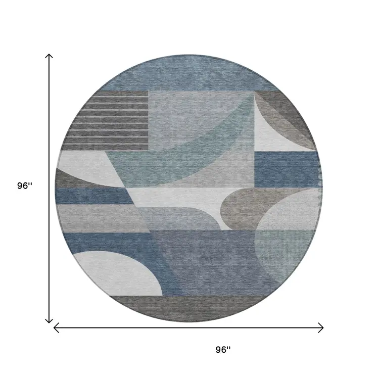 8' Gray Blue And Ivory Round Geometric Washable Indoor Outdoor Area Rug