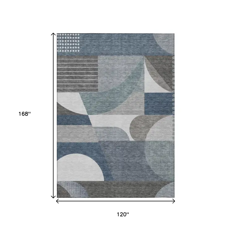 10' X 14' Gray Blue And Ivory Geometric Washable Indoor Outdoor Area Rug