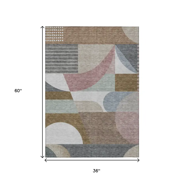 3' X 5' Brown Ivory And Mauve Geometric Washable Indoor Outdoor Area Rug