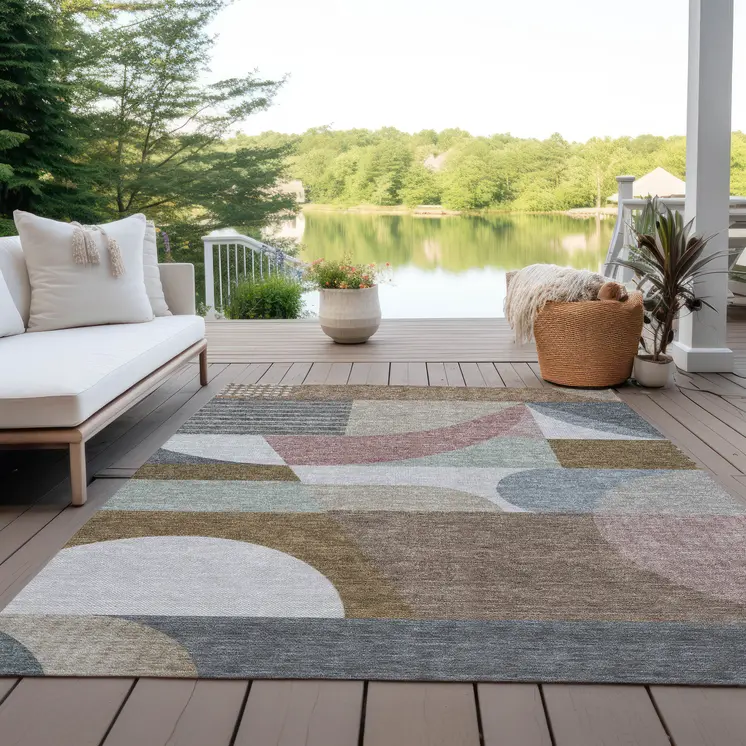 3' X 5' Brown Ivory And Mauve Geometric Washable Indoor Outdoor Area Rug