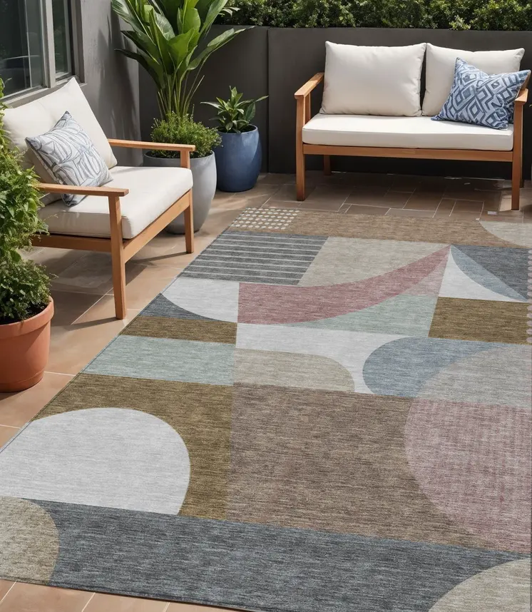 5' X 8' Brown Ivory And Mauve Geometric Washable Indoor Outdoor Area Rug