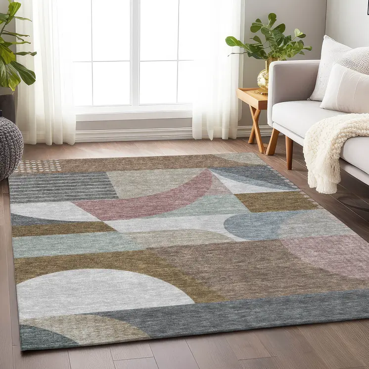 8' X 10' Brown Ivory And Mauve Geometric Washable Indoor Outdoor Area Rug