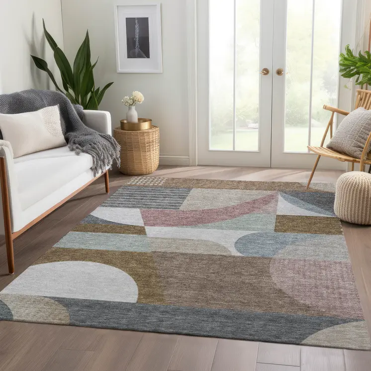 8' X 10' Brown Ivory And Mauve Geometric Washable Indoor Outdoor Area Rug