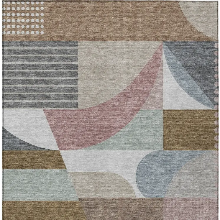 9' X 12' Brown Ivory And Mauve Geometric Washable Indoor Outdoor Area Rug