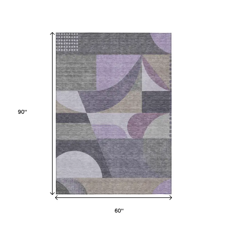 5' X 8' Purple Gray And Beige Geometric Washable Indoor Outdoor Area Rug