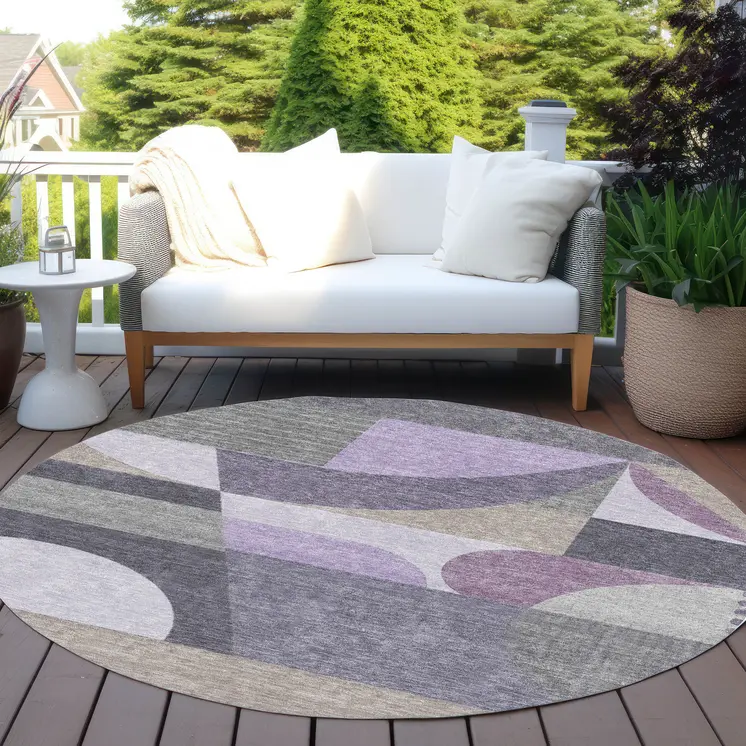 8' Purple Gray And Beige Round Geometric Washable Indoor Outdoor Area Rug