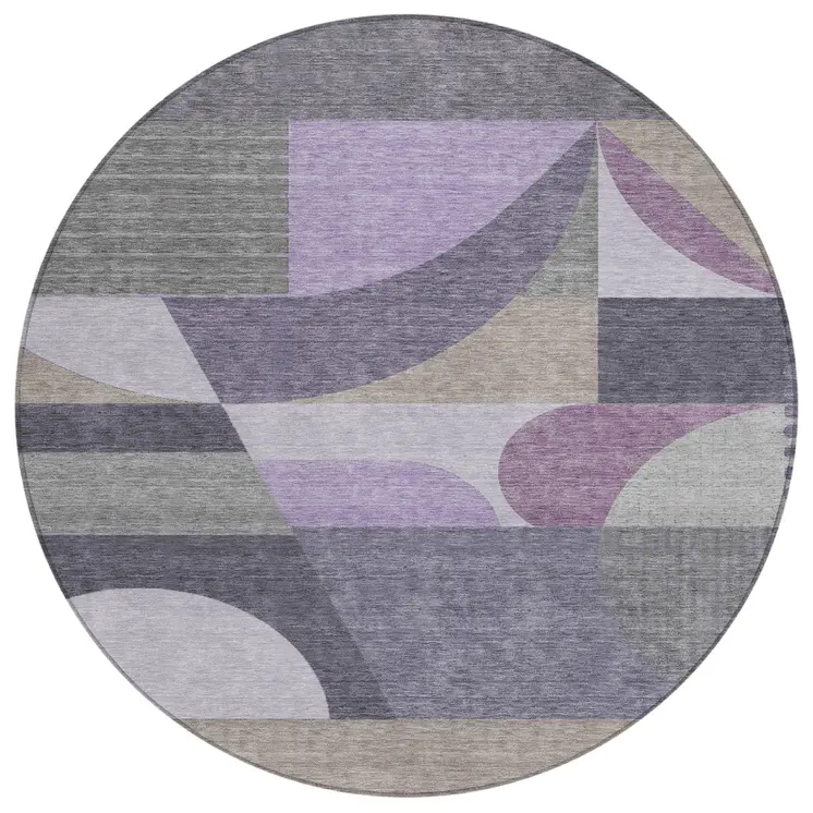 8' Purple Gray And Beige Round Geometric Washable Indoor Outdoor Area Rug