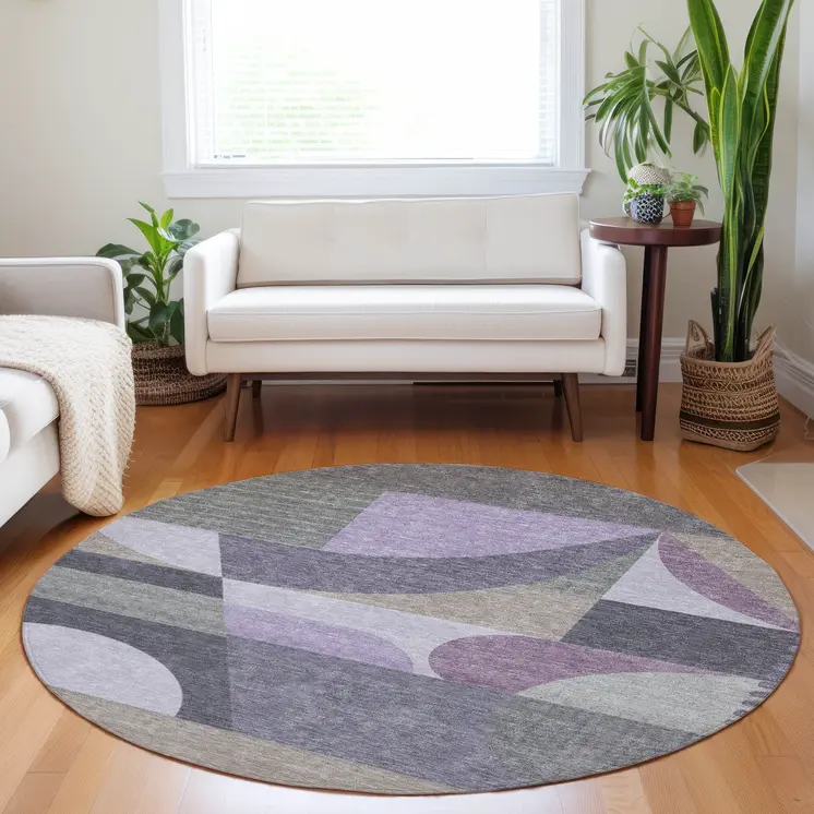 8' Purple Gray And Beige Round Geometric Washable Indoor Outdoor Area Rug