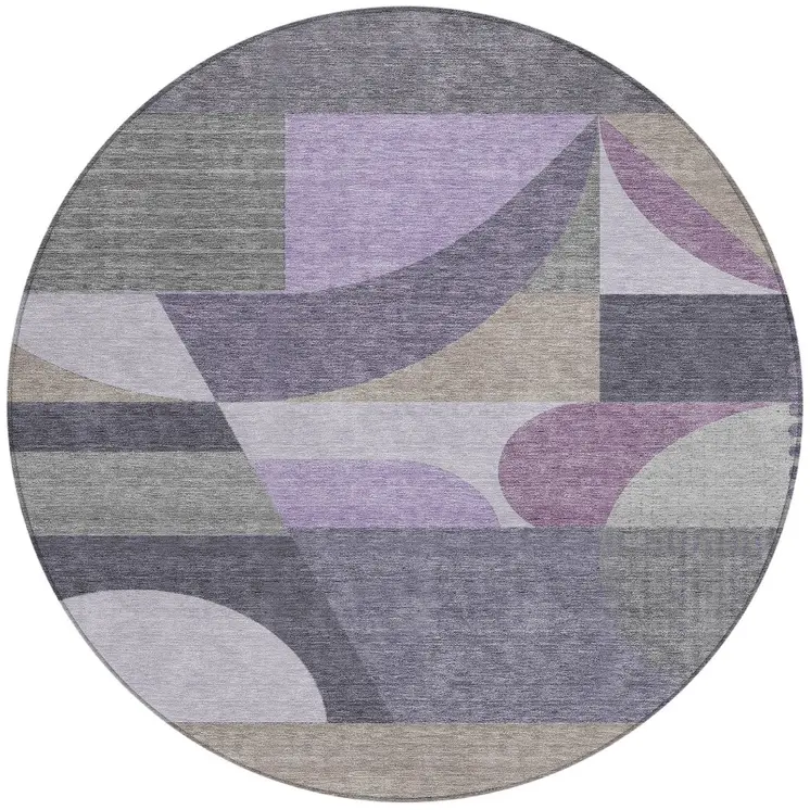 8' Purple Gray And Beige Round Geometric Washable Indoor Outdoor Area Rug