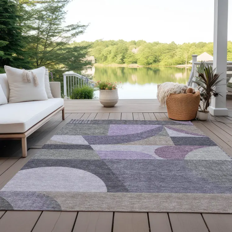 8' X 10' Purple Gray And Beige Geometric Washable Indoor Outdoor Area Rug