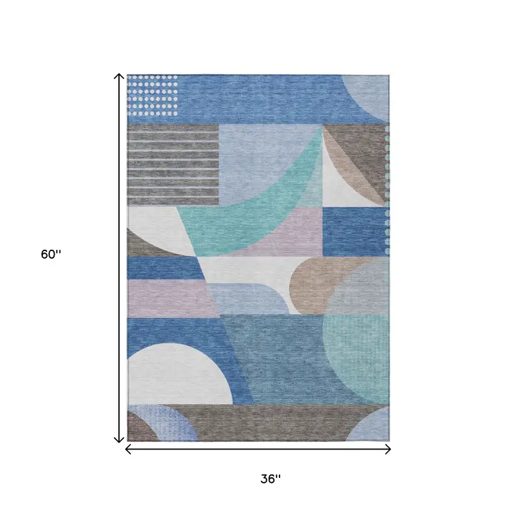 3' X 5' Sky Blue Teal Blue And Brown Geometric Washable Indoor Outdoor Area Rug