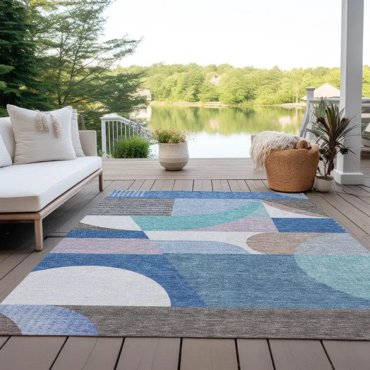 3' X 5' Sky Blue Teal Blue And Brown Geometric Washable Indoor Outdoor Area Rug
