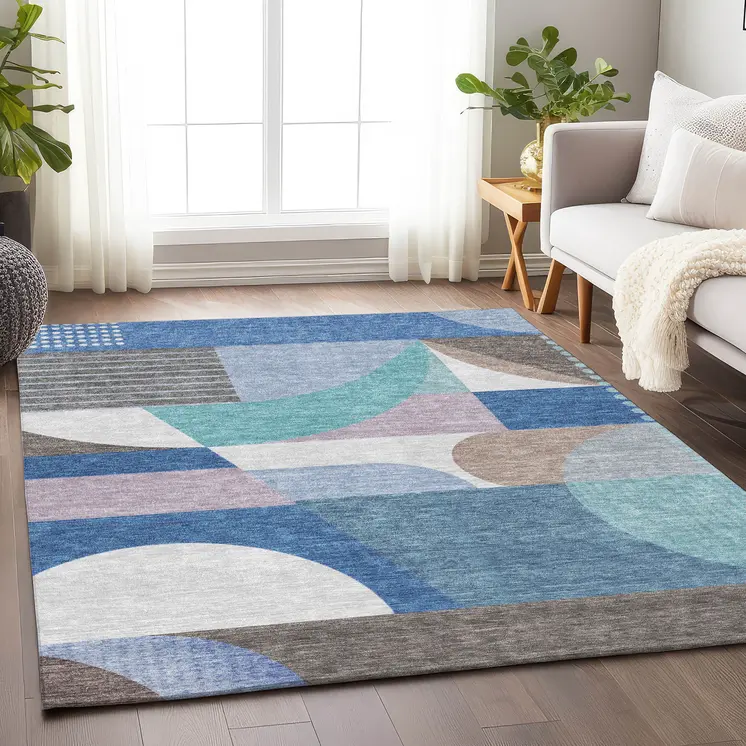 3' X 5' Sky Blue Teal Blue And Brown Geometric Washable Indoor Outdoor Area Rug