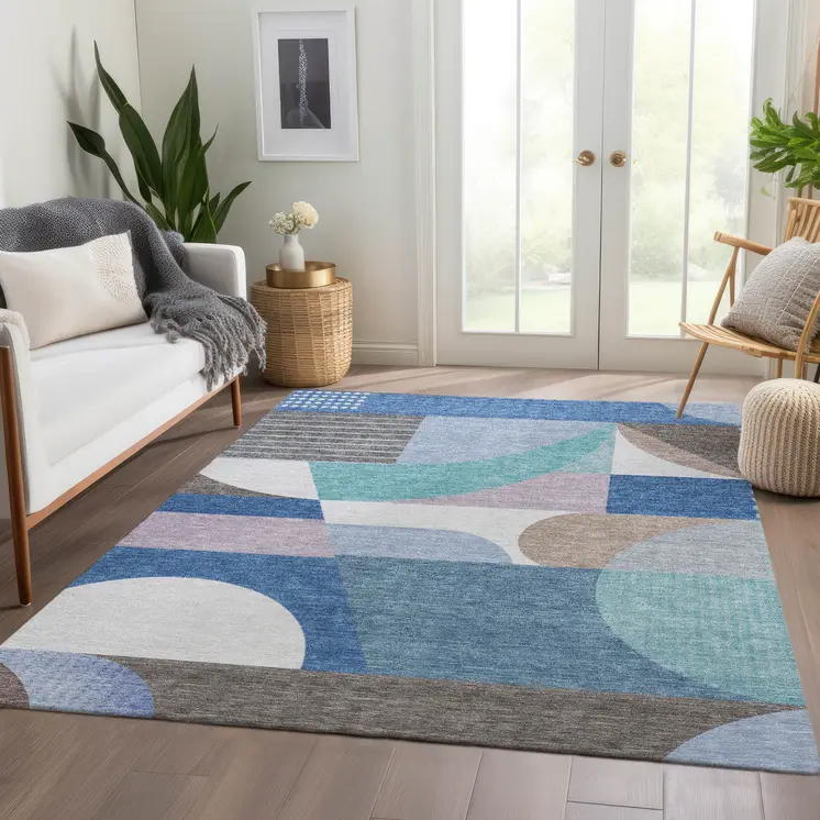 3' X 5' Sky Blue Teal Blue And Brown Geometric Washable Indoor Outdoor Area Rug
