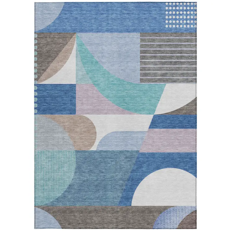 5' X 8' Sky Blue Teal Blue And Brown Geometric Washable Indoor Outdoor Area Rug