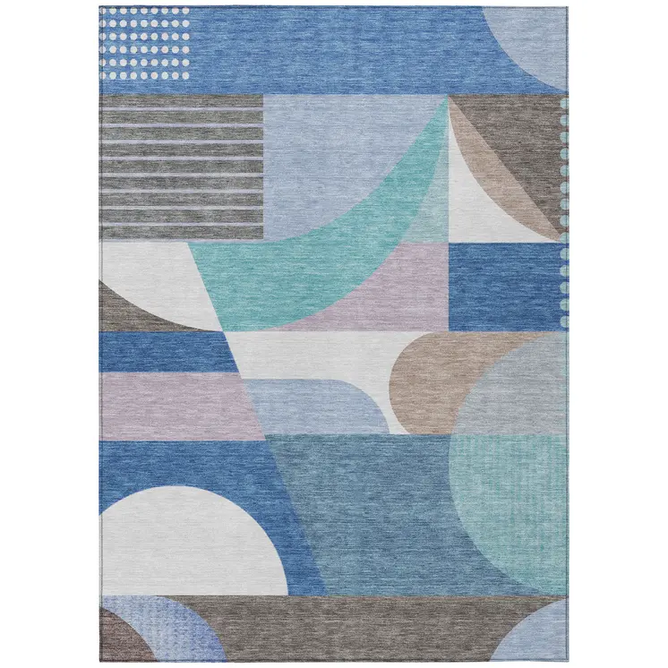 5' X 8' Sky Blue Teal Blue And Brown Geometric Washable Indoor Outdoor Area Rug