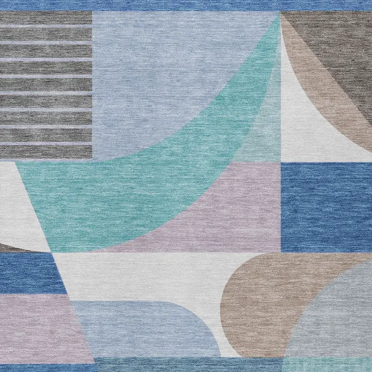 5' X 8' Sky Blue Teal Blue And Brown Geometric Washable Indoor Outdoor Area Rug