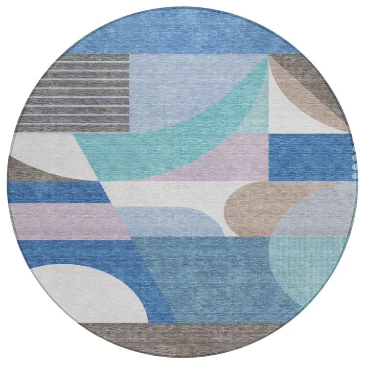 8' Sky Blue Teal Blue And Brown Round Geometric Washable Indoor Outdoor Area Rug