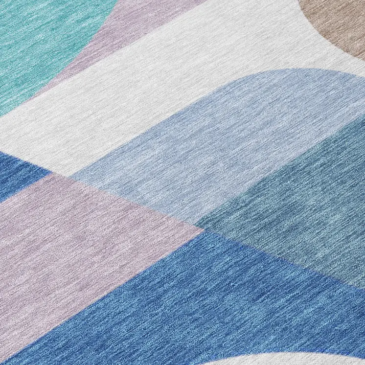 8' Sky Blue Teal Blue And Brown Round Geometric Washable Indoor Outdoor Area Rug