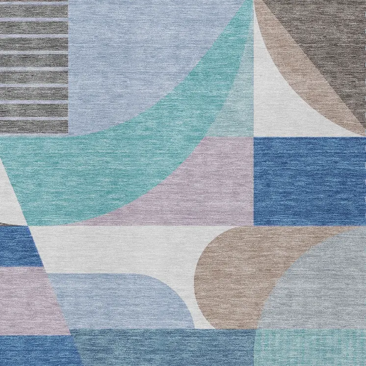 8' X 10' Sky Blue Teal Blue And Brown Geometric Washable Indoor Outdoor Area Rug