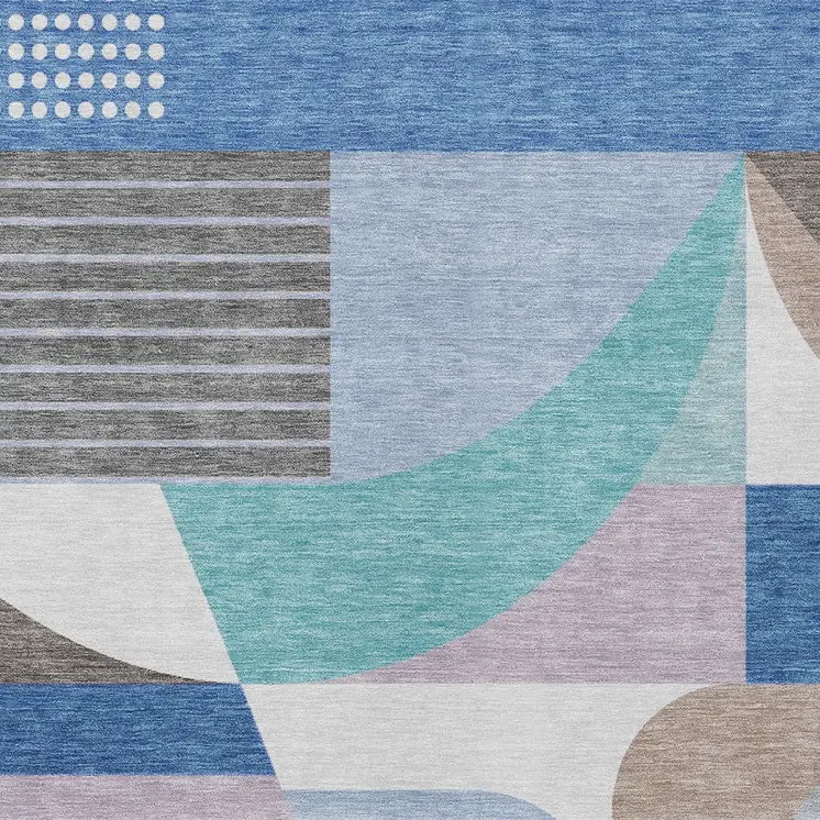 9' X 12' Sky Blue Teal Blue And Brown Geometric Washable Indoor Outdoor Area Rug
