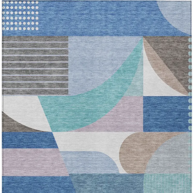 10' X 14' Sky Blue Teal Blue And Brown Geometric Washable Indoor Outdoor Area Rug