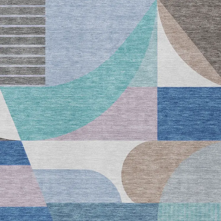 10' X 14' Sky Blue Teal Blue And Brown Geometric Washable Indoor Outdoor Area Rug