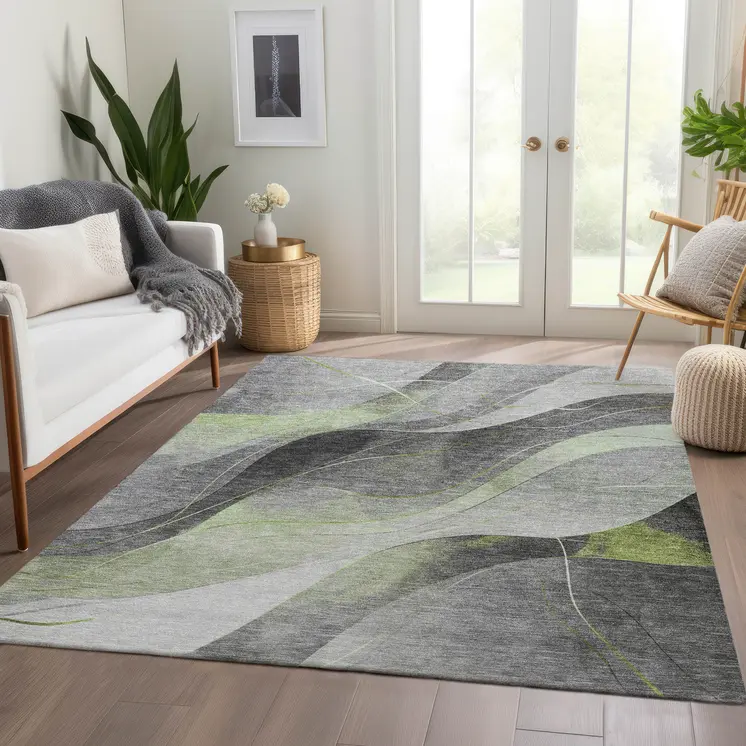 3' X 5' Artichoke Green Gray And Silver Abstract Washable Indoor Outdoor Area Rug