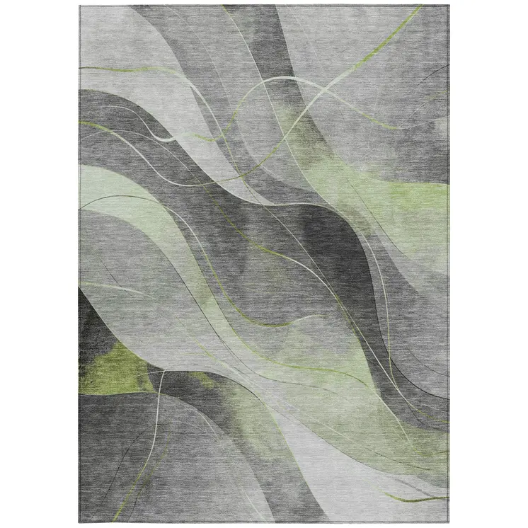 5' X 8' Artichoke Green Gray And Silver Abstract Washable Indoor Outdoor Area Rug