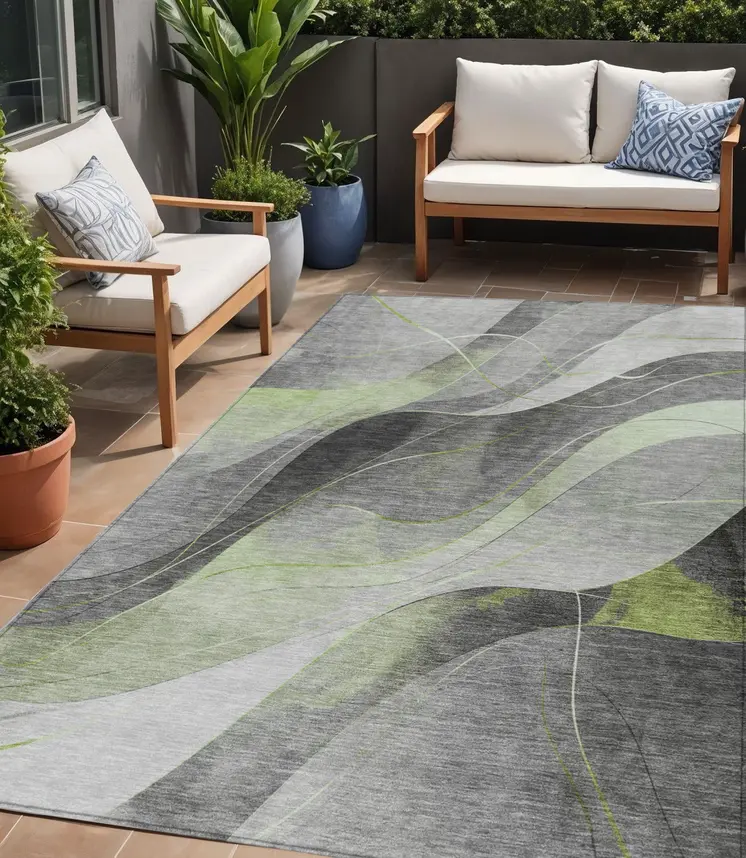 5' X 8' Artichoke Green Gray And Silver Abstract Washable Indoor Outdoor Area Rug