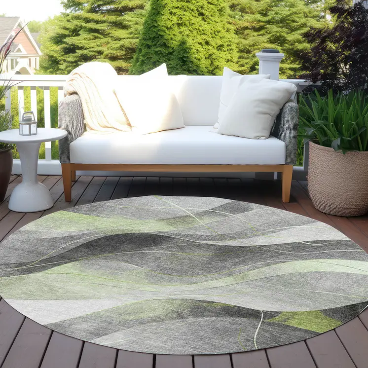 8' Artichoke Green Gray And Silver Round Abstract Washable Indoor Outdoor Area Rug