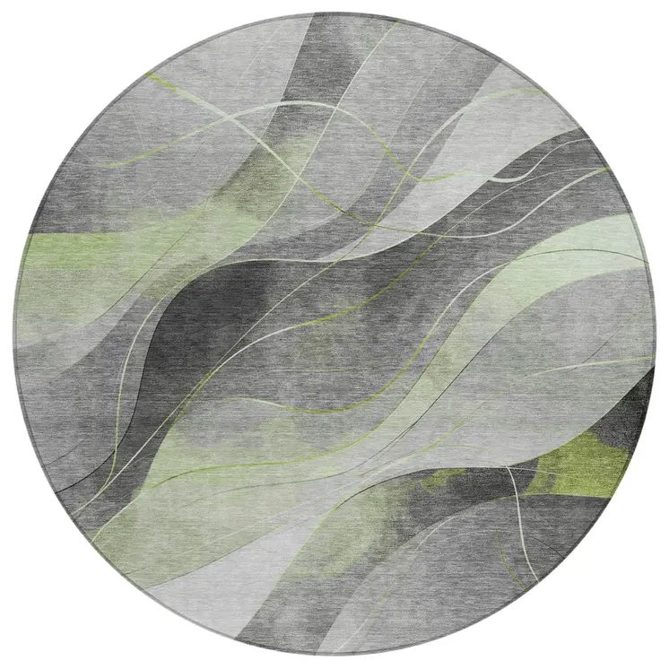 8' Artichoke Green Gray And Silver Round Abstract Washable Indoor Outdoor Area Rug