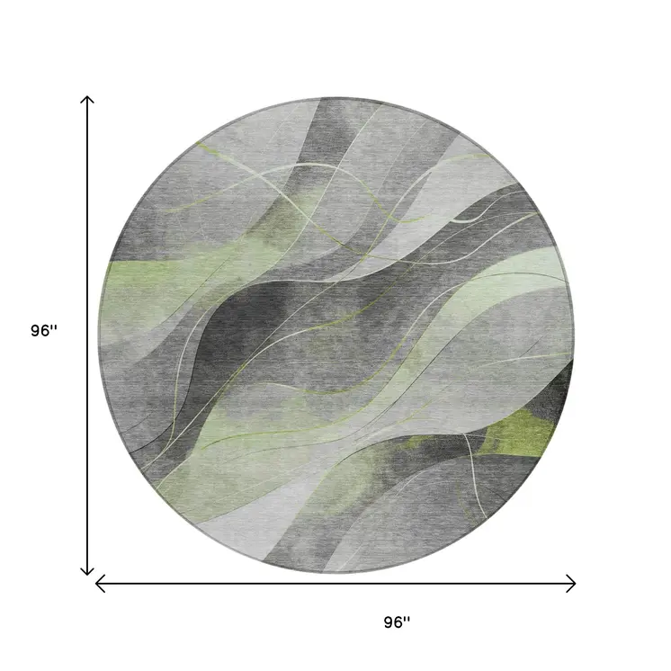 8' Artichoke Green Gray And Silver Round Abstract Washable Indoor Outdoor Area Rug