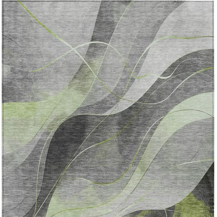 9' X 12' Artichoke Green Gray And Silver Abstract Washable Indoor Outdoor Area Rug