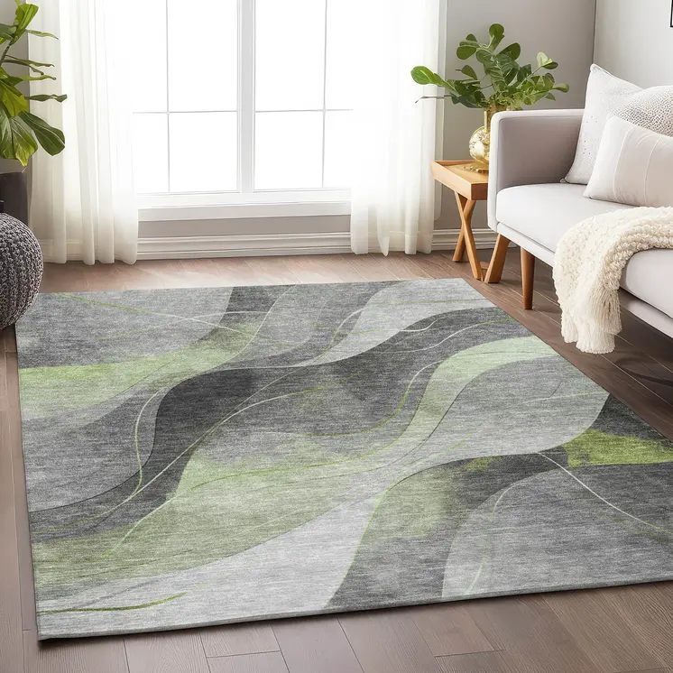 9' X 12' Artichoke Green Gray And Silver Abstract Washable Indoor Outdoor Area Rug