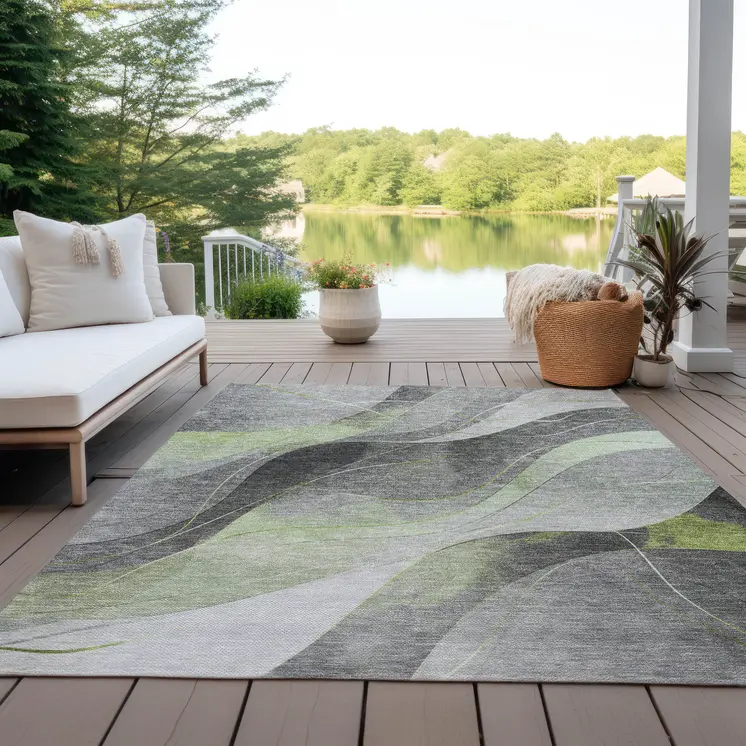 10' X 14' Artichoke Green Gray And Silver Abstract Washable Indoor Outdoor Area Rug