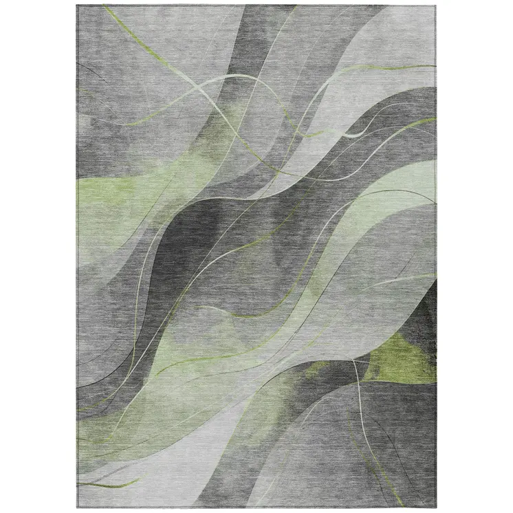 10' X 14' Artichoke Green Gray And Silver Abstract Washable Indoor Outdoor Area Rug