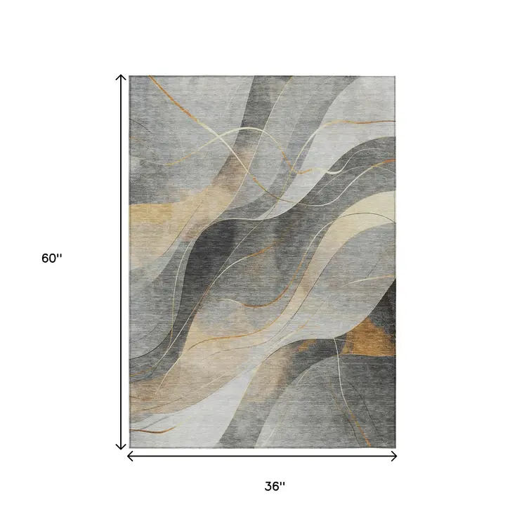 3' X 5' Gray Silver And Rust Abstract Washable Indoor Outdoor Area Rug