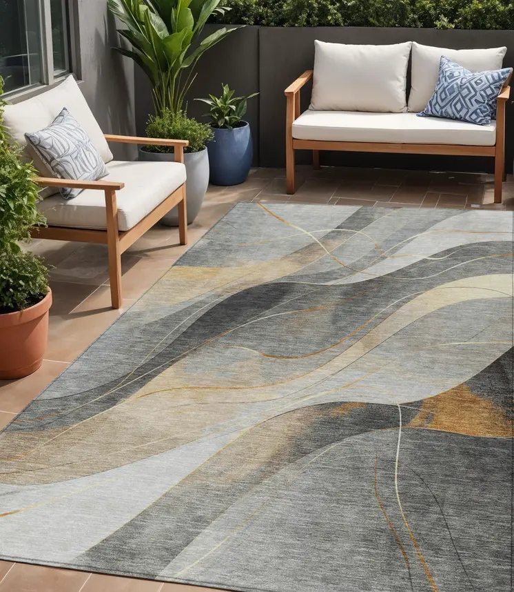 5' X 8' Gray Silver And Rust Abstract Washable Indoor Outdoor Area Rug