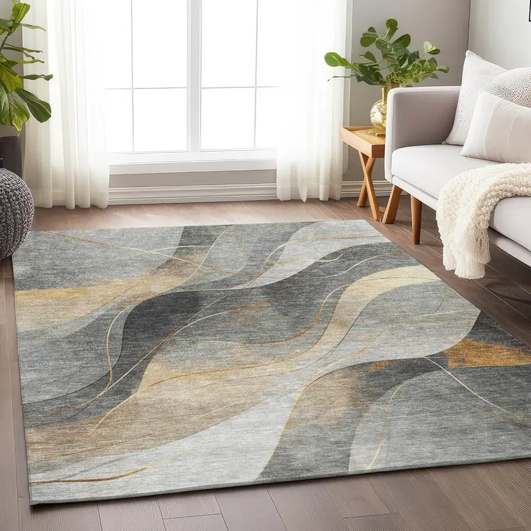 5' X 8' Gray Silver And Rust Abstract Washable Indoor Outdoor Area Rug
