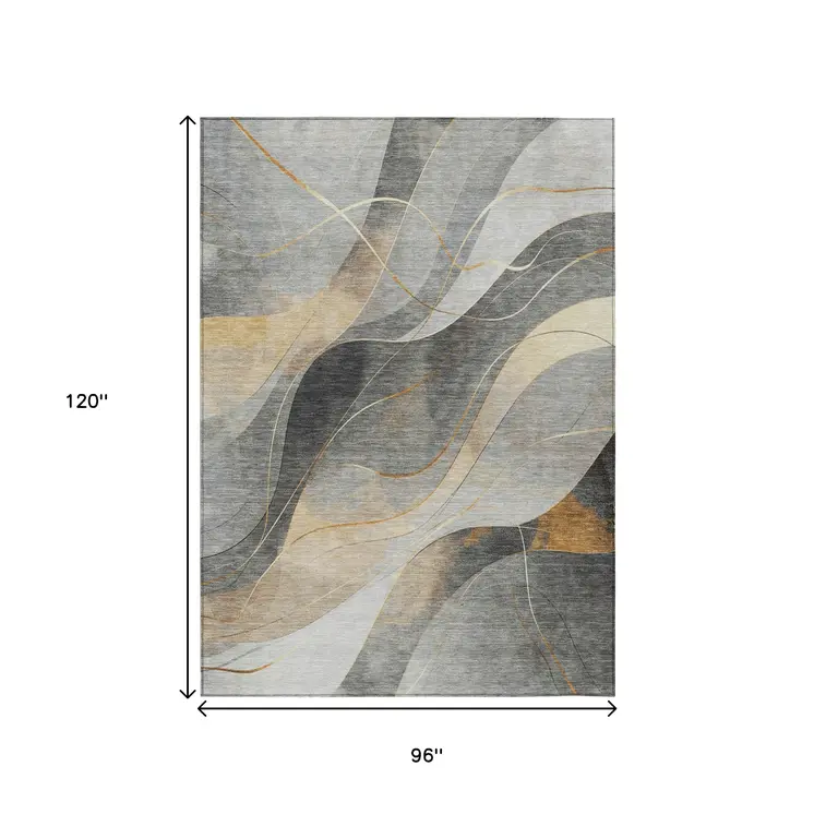 8' X 10' Gray Silver And Rust Abstract Washable Indoor Outdoor Area Rug