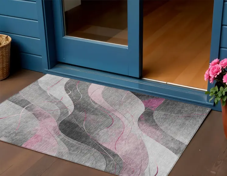 3' X 5' Pink Gray And Silver Abstract Washable Indoor Outdoor Area Rug