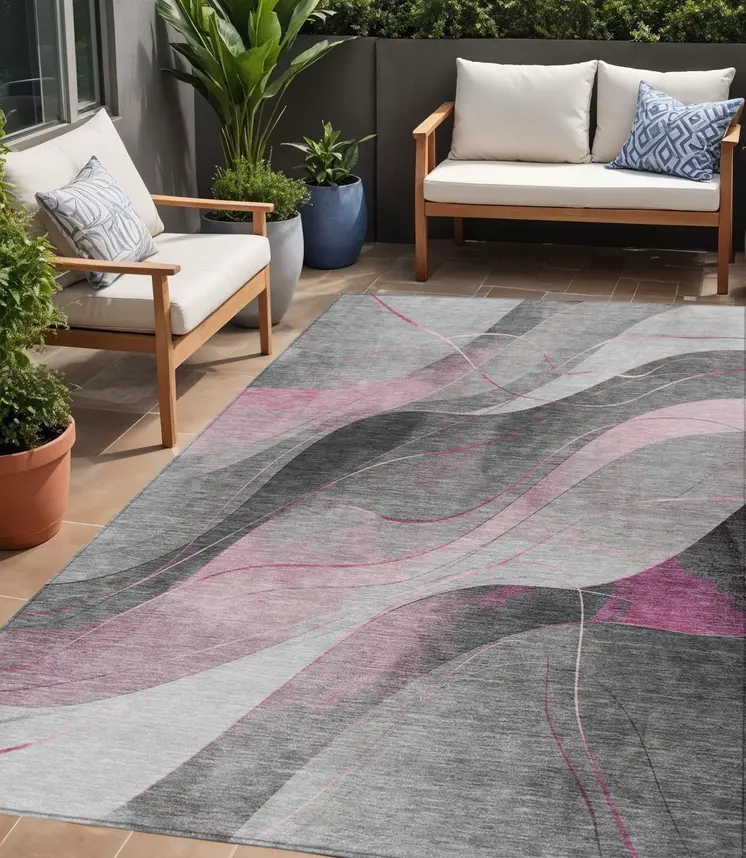 5' X 8' Pink Gray And Silver Abstract Washable Indoor Outdoor Area Rug