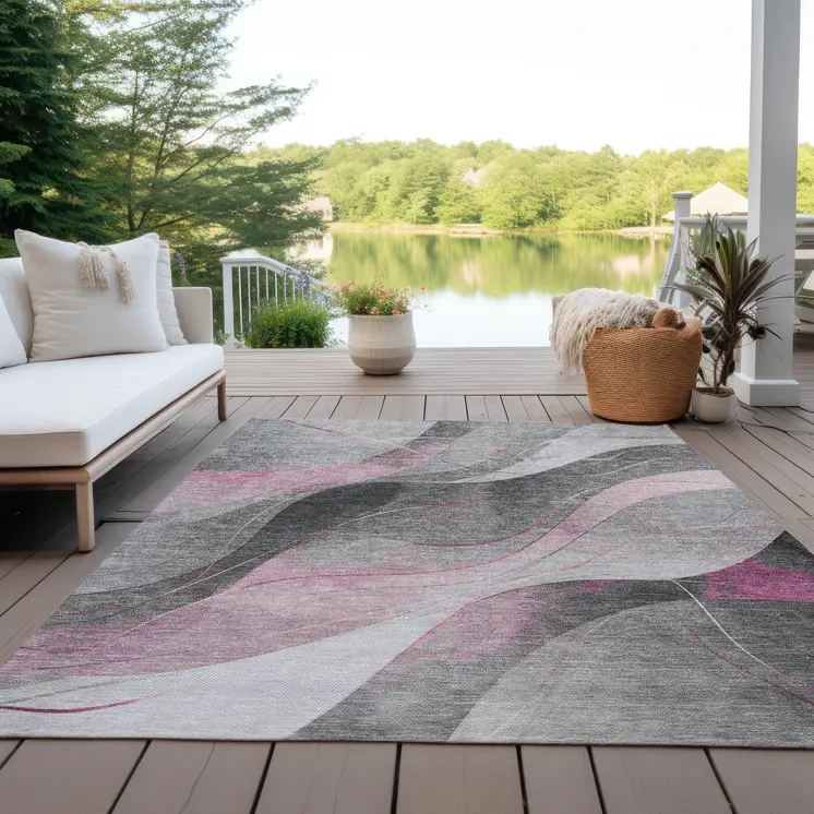 5' X 8' Pink Gray And Silver Abstract Washable Indoor Outdoor Area Rug