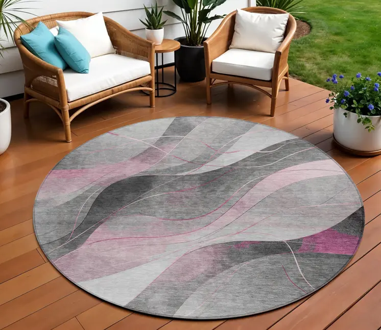 8' Pink Gray And Silver Round Abstract Washable Indoor Outdoor Area Rug