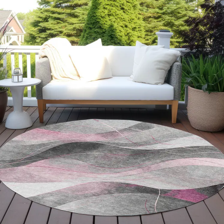 8' Pink Gray And Silver Round Abstract Washable Indoor Outdoor Area Rug