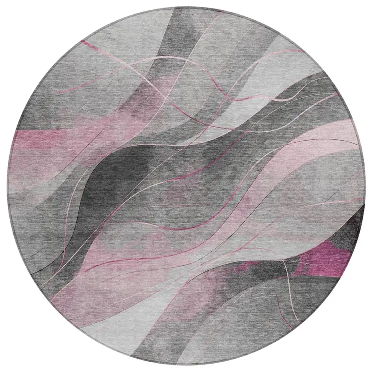 8' Pink Gray And Silver Round Abstract Washable Indoor Outdoor Area Rug